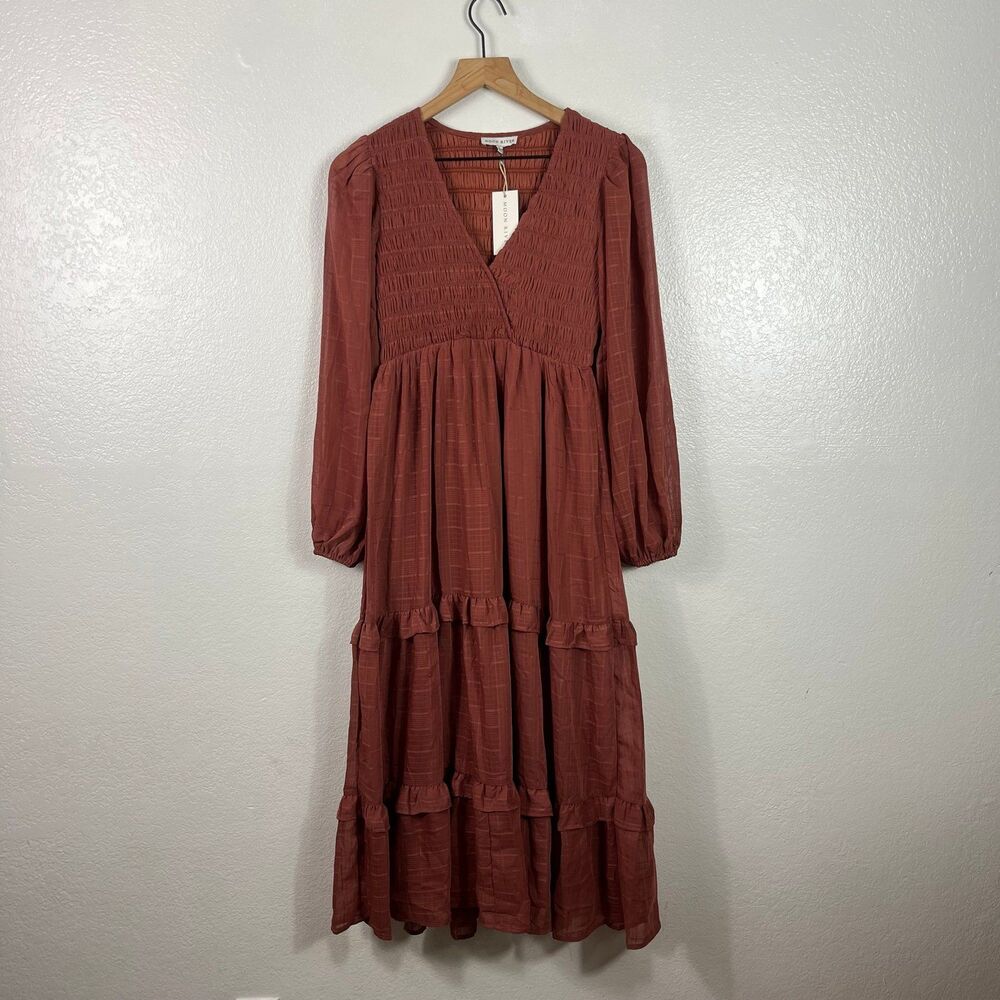 Moon River Smocked V-neck long sleeve bodice tiered midi dress rust boho gypsy